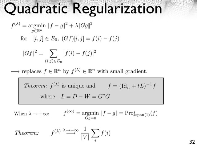 Quadratic Regularization
32
for [i, j] ⇥ E0, (Gf)[i, j] = f(i) f(j)
||Gf||2 =
(i,j) E0
|f(i) f(j)|2
f( ) = argmin
g Rn
||f g||2 + ||Gg||2
⇥ replaces f ⇤ Rn by f( ) ⇤ Rn with small gradient.
Theorem: f( ) is unique and f = (Id
n
+ tL) 1f
where L = D W = G G
When +⇥: f( ) = argmin
Gg=0
||f g|| = Proj
span(1)
(f)
Theorem: f( ) +⇥
⇥
1
|V |
i
f(i)
