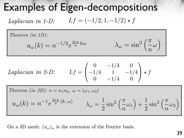 Examples of Eigen-decompositions
39
Theorem (in 1D):
Theorem (in 2D): n = n1n2, = (
1, 2
)
On a 3D mesh: (u ) is the extension of the Fourier basis.
Laplacian in 1-D:
u (k) = n 1/2e2i
n
k = sin2
⇥
n
⇤
=
1
2
sin2
⇥
n
⇤1
+
1
2
sin2
⇥
n
⇤2
u (k) = n 1e2i
n
k,
Lf =
0 1/4 0
1/4 1 1/4
0 1/4 0
f
Laplacian in 2-D:
Lf = ( 1/2, 1, 1/2) f
