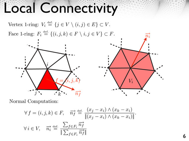 Local Connectivity
6
Vertex 1-ring: Vi
def.
= {j ⇥ V \ (i, j) ⇥ E} V .
Face 1-ring: Fi
def.
= {(i, j, k) ⇥ F \ i, j ⇥ V } F.
Normal Computation:
⌅ f = (i, j, k) ⇤ F, ⇥
nf
def.
=
(xj xi
) ⇧ (xk xi
)
||(xj xi
) ⇧ (xk xi
)||
.
⌅ i ⇤ V, ⇥
ni
def.
= f Fi
⇥
nf
||
f Fi
⇥
nf
||
i
j k
f = (i, j, k) Vi
⇥
ni
⇥
nf
