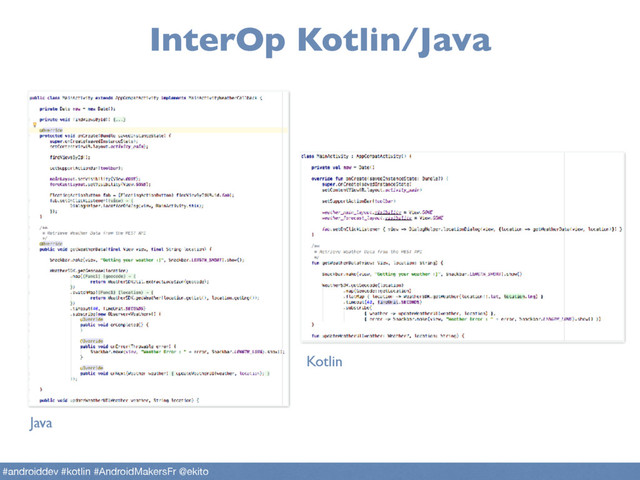 InterOp Kotlin/Java
Java
Kotlin
#androiddev #kotlin #AndroidMakersFr @ekito
