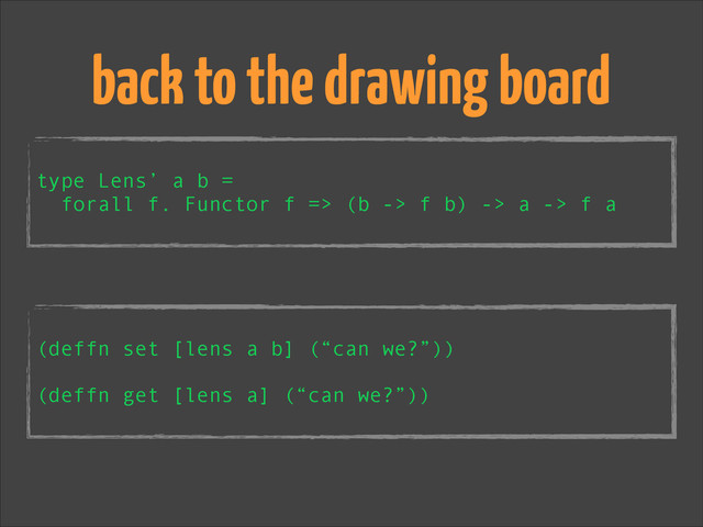 !
type Lens’ a b =
forall f. Functor f => (b -> f b) -> a -> f a
back to the drawing board
!
(deffn set [lens a b] (“can we?”))
!
(deffn get [lens a] (“can we?”))
