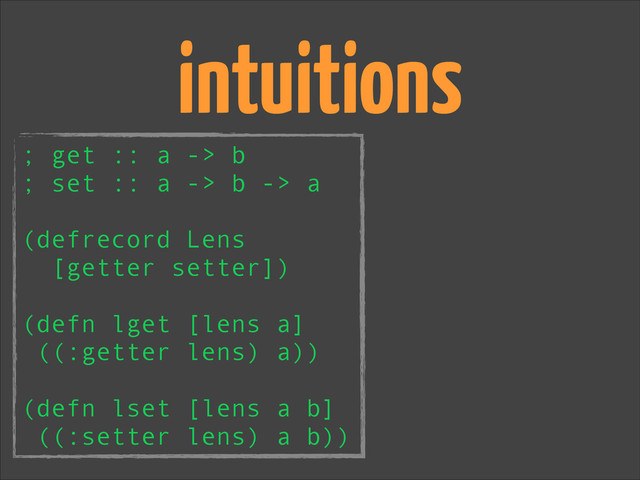 ; get :: a -> b
; set :: a -> b -> a
!
(defrecord Lens
[getter setter])
!
(defn lget [lens a]
((:getter lens) a))
!
(defn lset [lens a b]
((:setter lens) a b))
intuitions
