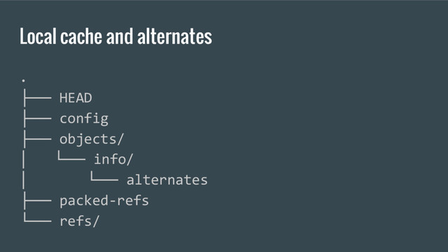 Local cache and alternates
.
├── HEAD
├── config
├── objects/
│ └── info/
│ └── alternates
├── packed-refs
└── refs/

