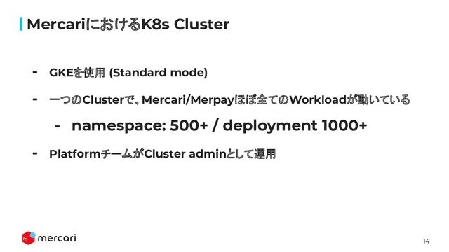 14
MercariにおけるK8s Cluster
- GKEを使用 (Standard mode)
- 一つのClusterで、Mercari/Merpayほぼ全てのWorkloadが動いている
- namespace: 500+ / deployment 1000+
- PlatformチームがCluster adminとして運用
