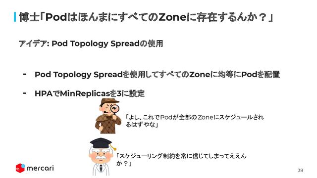 39
博士「PodはほんまにすべてのZoneに存在するんか？」
アイデア: Pod Topology Spreadの使用
- Pod Topology Spreadを使用してすべてのZoneに均等にPodを配置
- HPAでMinReplicasを3に設定
「よし、これでPodが全部のZoneにスケジュールされ
るはずやな」
「スケジューリング制約を常に信じてしまってええん
か？」
