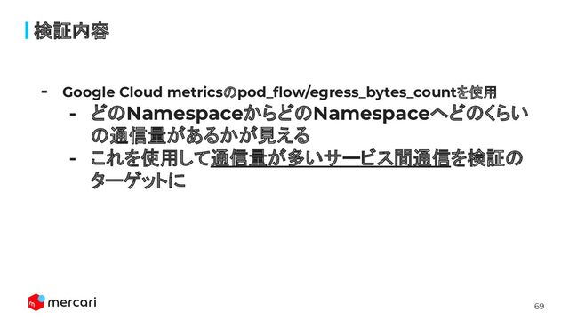 69
検証内容
- Google Cloud metricsのpod_ﬂow/egress_bytes_countを使用
- どのNamespaceからどのNamespaceへどのくらい
の通信量があるかが見える
- これを使用して通信量が多いサービス間通信を検証の
ターゲットに
