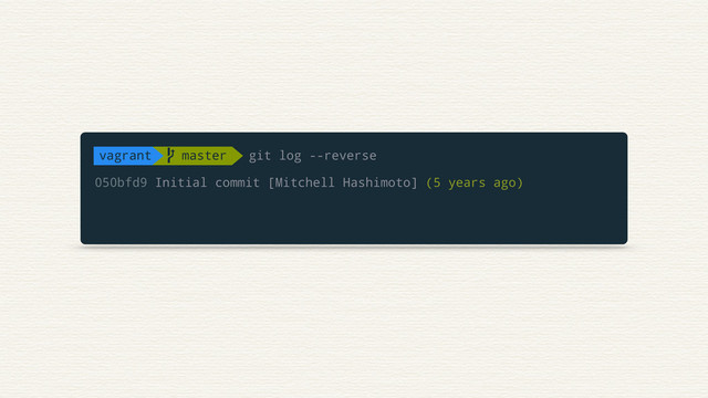 050bfd9 Initial commit [Mitchell Hashimoto] (5 years ago)
vagrant  master git log --reverse

