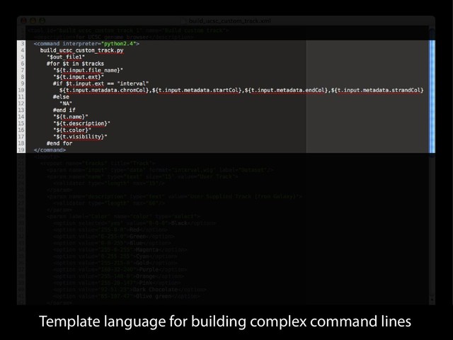 Template language for building complex command lines
