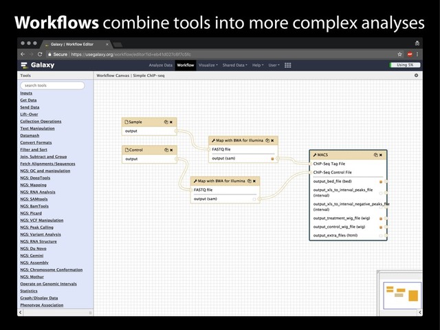 Workflows combine tools into more complex analyses
