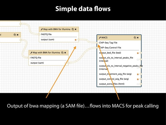 Simple data flows
Output of bwa mapping (a SAM file)…flows into MACS for peak calling
