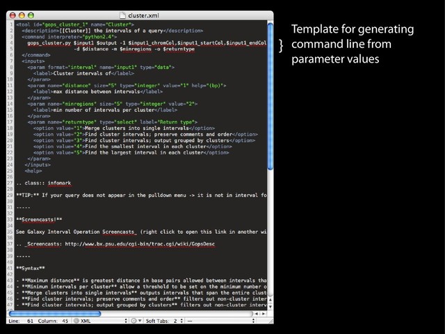 }
Template for generating
command line from
parameter values
