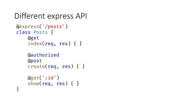 Different express API
@express('/posts')
class Posts {
@get
index(req, res) { }
@authorized
@post
create(req, res) { }
@get(':id')
show(req, res) { }
}
