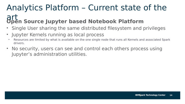 IBMSpark Technology Center
Analytics Platform – Current state of the
art
Open Source Jupyter based Notebook Platform
• Single User sharing the same distributed filesystem and privileges
• Jupyter Kernels running as local process
• Resources are limited by what is available on the one single node that runs all Kernels and associated Spark
drivers.
• No security, users can see and control each others process using
Jupyter’s administration utilities.
14
