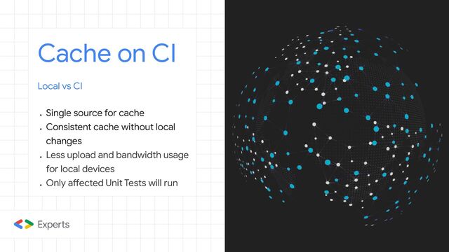 Cache on CI
Local vs CI
●
Single source for cache
●
Consistent cache without local
changes
●
Less upload and bandwidth usage
for local devices
●
Only affected Unit Tests will run
