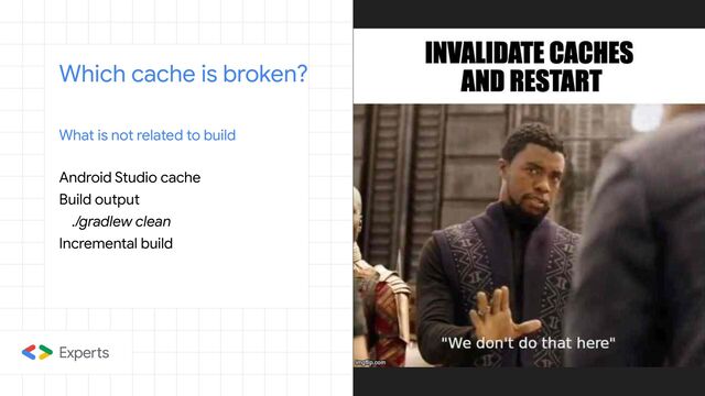 Which cache is broken?
What is not related to build
Android Studio cache
Build output
./gradlew clean
Incremental build
