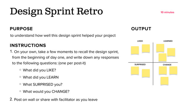 to understand how well this design sprint helped your project
Design Sprint Retro
PURPOSE OUTPUT
1. On your own, take a few moments to recall the design sprint,
from the beginning of day one, and write down any responses
to the following questions: (one per post-it)
○ What did you LIKE?
○ What did you LEARN
○ What SURPRISED you?
○ What would you CHANGE?
2. Post on wall or share with facilitator as you leave
INSTRUCTIONS
10 minutes
LEARNED
LIKED
SURPRISED CHANGE

