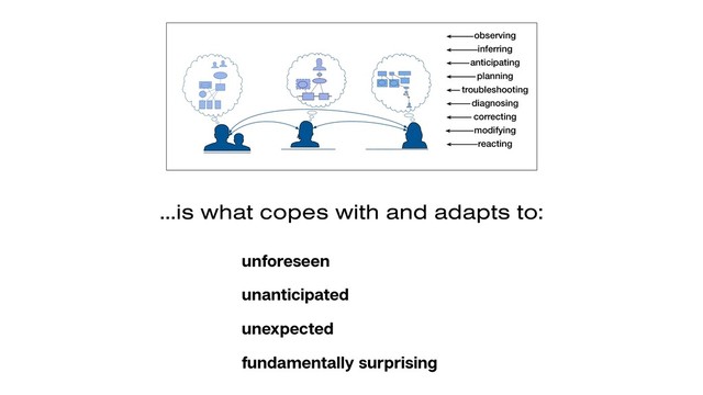 observing
inferring
anticipating
planning
troubleshooting
diagnosing
correcting
modifying
reacting
unforeseen
unanticipated
unexpected
fundamentally surprising
…is what copes with and adapts to:
