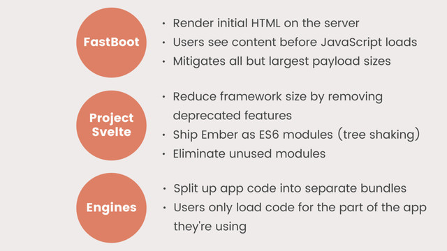 FastBoot
Engines
Project
Svelte
• Render initial HTML on the server
• Users see content before JavaScript loads
• Mitigates all but largest payload sizes
• Reduce framework size by removing
deprecated features
• Ship Ember as ES6 modules (tree shaking)
• Eliminate unused modules
• Split up app code into separate bundles
• Users only load code for the part of the app
they're using
