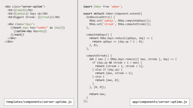 import Ember from 'ember';
export default Ember.Component.extend({
didReceiveAttrs() {
this.set('upDays', this.computeUpDays());
this.set('streak', this.computeStreak());
},
computeUpDays() {
return this.days.reduce((upDays, day) => {
return upDays += (day.up ? 1 : 0);
}, 0);
},
computeStreak() {
let [ max ] = this.days.reduce(([ max, streak ], day) => {
if (day.up && streak + 1 > max) {
return [streak + 1, streak + 1];
} else if (day.up) {
return [max, streak + 1];
} else {
return [max, 0];
}
}, [0, 0]);
return max;
}
}); app/components/server-uptime.js
<div class="server-uptime">
<h1>{{name}}</h1>
<h2>{{upDays}} Days Up</h2>
<h2>Biggest Streak: {{streak}}</h2>
<div class="days">
{{#each days key="number" as |day|}}
{{uptime-day day=day}}
{{/each}}
</div>
</div>
templates/components/server-uptime.js
