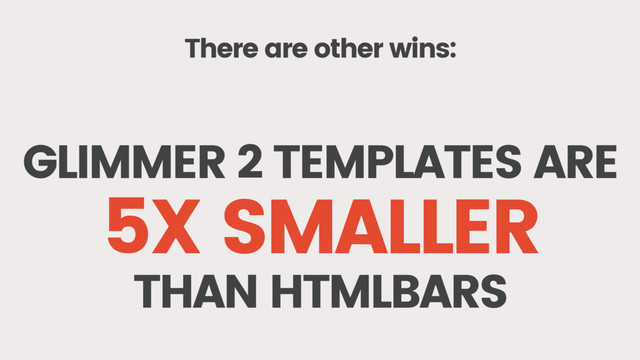 There are other wins:
GLIMMER 2 TEMPLATES ARE
5X SMALLER
THAN HTMLBARS
