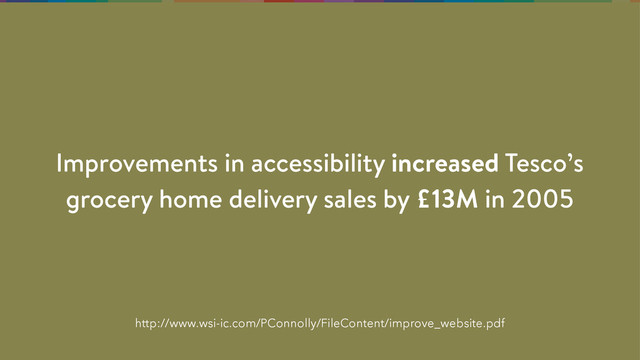 http://www.wsi-ic.com/PConnolly/FileContent/improve_website.pdf
Improvements in accessibility increased Tesco’s
grocery home delivery sales by £13M in 2005
