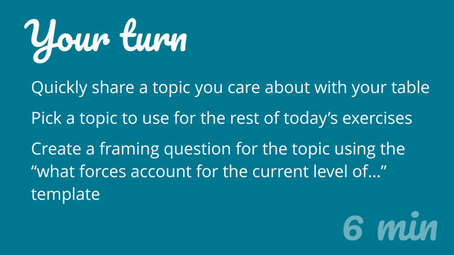 Your turn
Quickly share a topic you care about with your table
Pick a topic to use for the rest of today’s exercises
Create a framing question for the topic using the
“what forces account for the current level of…”
template
6 min
