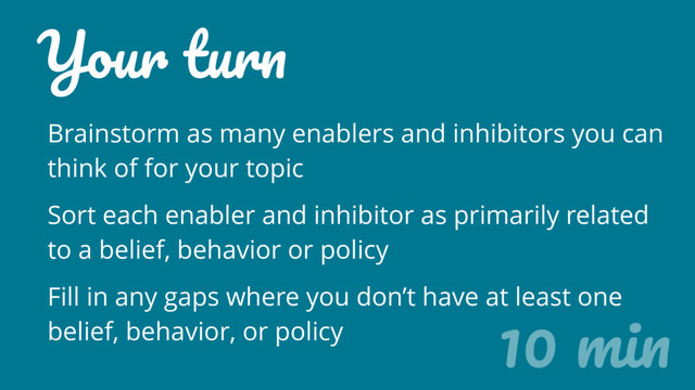 Your turn
Brainstorm as many enablers and inhibitors you can
think of for your topic
Sort each enabler and inhibitor as primarily related
to a belief, behavior or policy
Fill in any gaps where you don’t have at least one
belief, behavior, or policy 10 min
