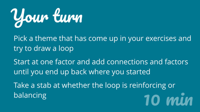 Your turn
Pick a theme that has come up in your exercises and
try to draw a loop
Start at one factor and add connections and factors
until you end up back where you started
Take a stab at whether the loop is reinforcing or
balancing 10 min
