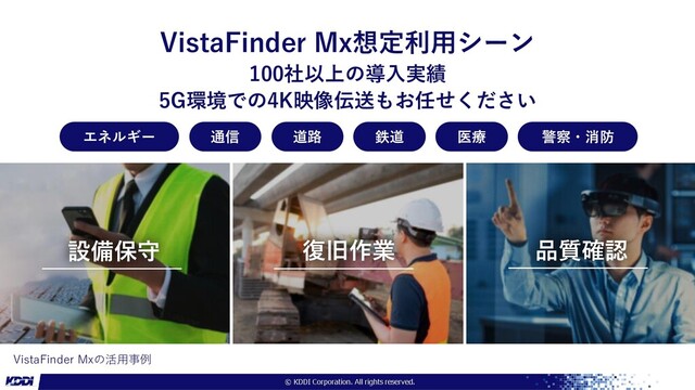 VistaFinder Mxの活用事例
VistaFinder Mx想定利用シーン
100社以上の導入実績
5G環境での4K映像伝送もお任せください
エネルギー 通信 道路 鉄道 医療 警察・消防
設備保守 復旧作業 品質確認
