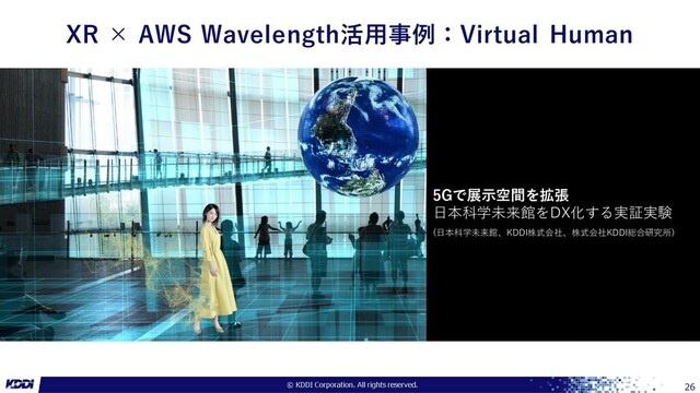 XR × AWS Wavelength活用事例：Virtual Human
26
5Gで展示空間を拡張
日本科学未来館をDX化する実証実験
(日本科学未来館、KDDI株式会社、株式会社KDDI総合研究所)
