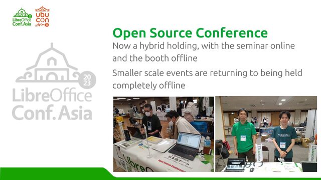 Now a hybrid holding, with the seminar online
and the booth offline
Smaller scale events are returning to being held
completely offline
Open Source Conference
