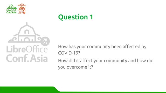How has your community been affected by
COVID-19?
How did it affect your community and how did
you overcome it?
Question 1
