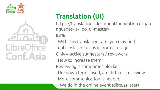 https://translations.documentfoundation.org/la
nguages/ja/libo_ui-master/
93%
With this translation rate, you may find
untranslated terms in normal usage
Only 4 active suggesters / reviewers
How to increase them?
Reviewing is sometimes blocker
Unknown terms used, are difficult to review
More communication is needed
We do in the online event (discuss later)
Translation (UI)

