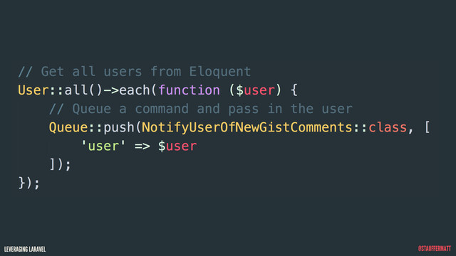 LEVERAGING LARAVEL @STAUFFERMATT
// Get all users from Eloquent
User::all()->each(function ($user) {
// Queue a command and pass in the user
Queue::push(NotifyUserOfNewGistComments::class, [
‘user’ => $user
]);
});
