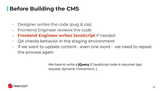 19
- Designer writes the code (pug & css)
- Frontend Engineer reviews the code
- Frontend Engineer writes JavaScript if needed
- QA checks behavior in the staging environment
- If we want to update content - even one word - we need to repeat
the process again

We have to write a jQuery if JavaScript code is required (api
request, dynamic movement…)
Before Building the CMS
