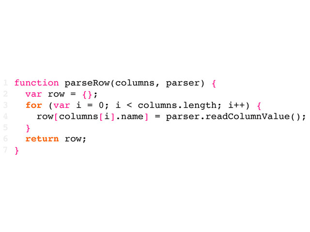 1 function parseRow(columns, parser) {
2 var row = {};
3 for (var i = 0; i < columns.length; i++) {
4 row[columns[i].name] = parser.readColumnValue();
5 }
6 return row;
7 }
