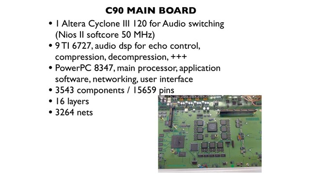 • 1 Altera Cyclone III 120 for Audio switching
(Nios II softcore 50 MHz)
• 9 TI 6727, audio dsp for echo control,
compression, decompression, +++
• PowerPC 8347, main processor, application
software, networking, user interface
• 3543 components / 15659 pins
• 16 layers
• 3264 nets
C90 MAIN BOARD
