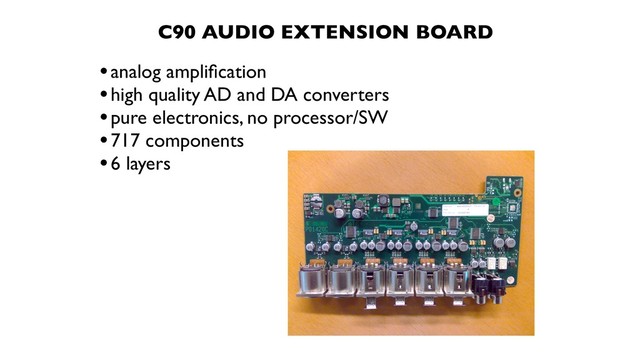 •analog ampliﬁcation
•high quality AD and DA converters
•pure electronics, no processor/SW
•717 components
•6 layers
C90 AUDIO EXTENSION BOARD
