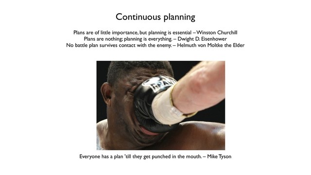Everyone has a plan 'till they get punched in the mouth. – Mike Tyson
Continuous planning
Plans are of little importance, but planning is essential – Winston Churchill
Plans are nothing; planning is everything. – Dwight D. Eisenhower
No battle plan survives contact with the enemy. – Helmuth von Moltke the Elder
