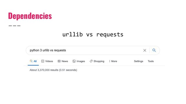 Dependencies
urllib vs requests
