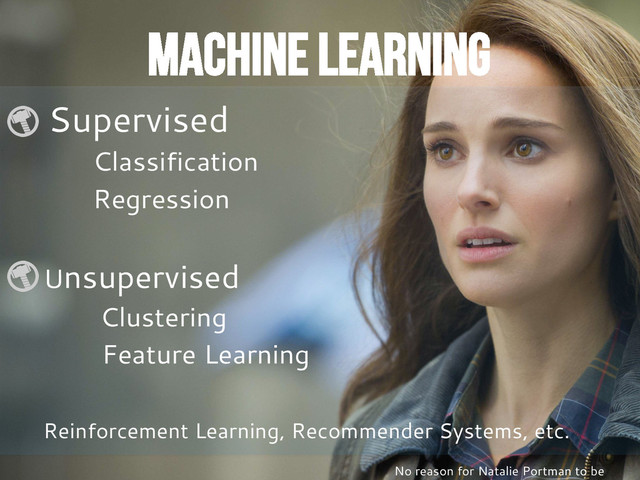 Machine Learning
Supervised
Classification
Regression
Unsupervised
Clustering
Feature Learning
Reinforcement Learning, Recommender Systems, etc.
No reason for Natalie Portman to be
