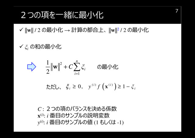 ２つの項を一緒に最小化
||w|| / 2 の最小化 → 計算の都合上、 ||w||2 / 2 の最小化
ξi
の和の最小化
7
C : ２つの項のバランスを決める係数
x(i): i 番目のサンプルの説明変数
y(i): i 番目のサンプルの値 (1 もしくは -1)
2
1
1
2
n
i
i
C ξ
=
+ ∑
w の最小化
ただし、 ( )
( ) ( )
0, 1
i i
i i
y f ξ
ξ ≥ ≥ −
x
