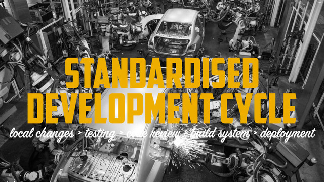 Standardised
DEVELOPMENT CYCLE
local changes > testing > code review > build system > deployment
