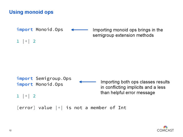Using monoid ops
12
import Monoid.Ops
1 |+| 2
Importing monoid ops brings in the
semigroup extension methods
import Semigroup.Ops
import Monoid.Ops
1 |+| 2
[error] value |+| is not a member of Int
Importing both ops classes results
in conflicting implicits and a less
than helpful error message
