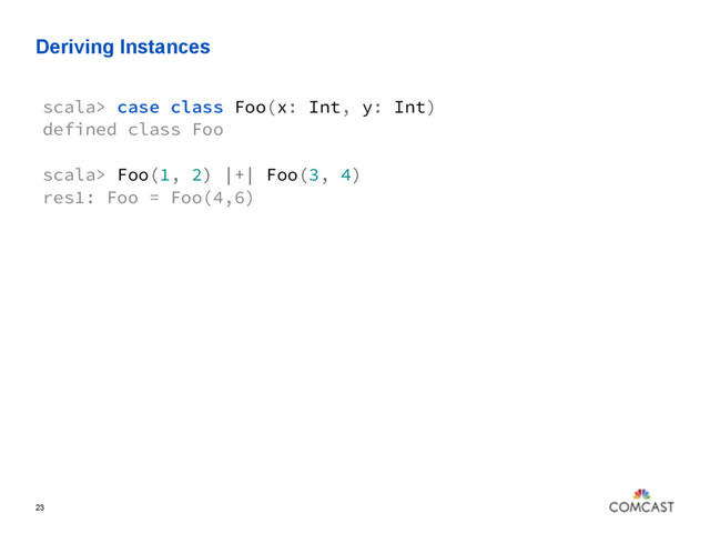 Deriving Instances
23
scala> case class Foo(x: Int, y: Int)
defined class Foo
scala> Foo(1, 2) |+| Foo(3, 4)
res1: Foo = Foo(4,6)
