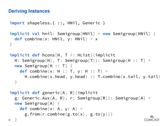 Deriving Instances
24
import shapeless.{ ::, HNil, Generic }
implicit val hnil: Semigroup[HNil] = new Semigroup[HNil] {
def combine(x: HNil, y: HNil) = x
}
implicit def hcons[H, T <: HList](implicit
H: Semigroup[H], T: Semigroup[T]): Semigroup[H :: T] =
new Semigroup[H :: T] {
def combine(x: H :: T, y: H :: T) =
H.combine(x.head, y.head) :: T.combine(x.tail, y.tail)
}
implicit def generic[A, R](implicit
g: Generic.Aux[A, R], r: Semigroup[R]): Semigroup[A] =
new Semigroup[A] {
def combine(x: A, y: A) =
g.from(r.combine(g.to(x), g.to(y)))
}
