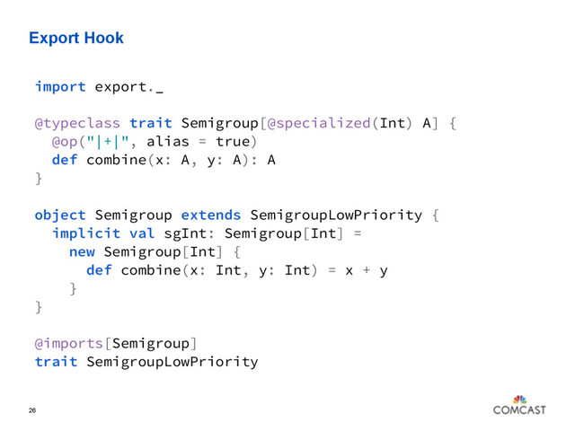 Export Hook
26
import export._
@typeclass trait Semigroup[@specialized(Int) A] {
@op("|+|", alias = true)
def combine(x: A, y: A): A
}
object Semigroup extends SemigroupLowPriority {
implicit val sgInt: Semigroup[Int] =
new Semigroup[Int] {
def combine(x: Int, y: Int) = x + y
}
}
@imports[Semigroup]
trait SemigroupLowPriority
