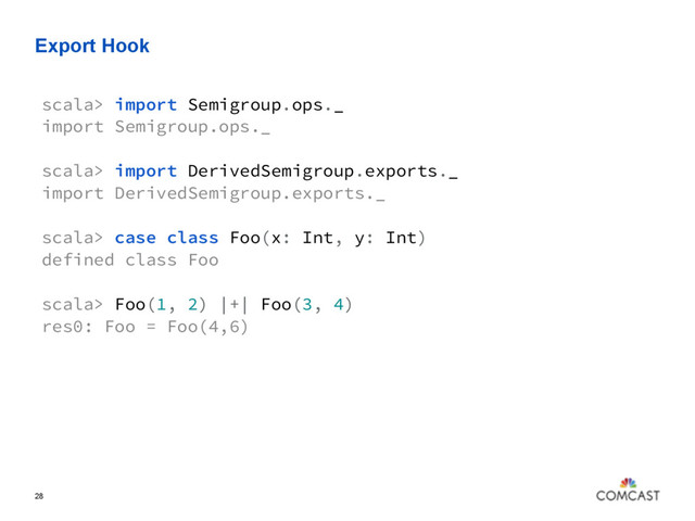 Export Hook
28
scala> import Semigroup.ops._
import Semigroup.ops._
scala> import DerivedSemigroup.exports._
import DerivedSemigroup.exports._
scala> case class Foo(x: Int, y: Int)
defined class Foo
scala> Foo(1, 2) |+| Foo(3, 4)
res0: Foo = Foo(4,6)
