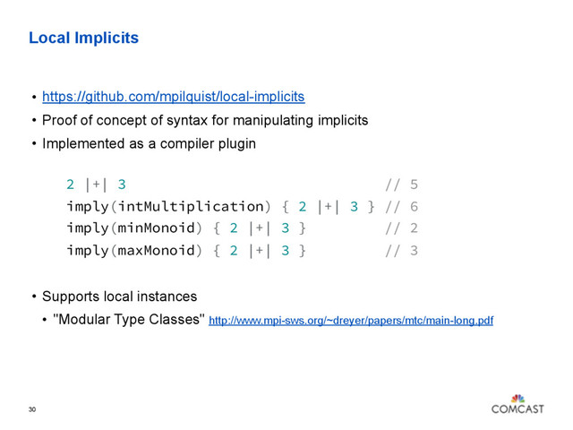 Local Implicits
• https://github.com/mpilquist/local-implicits
• Proof of concept of syntax for manipulating implicits
• Implemented as a compiler plugin 
2 |+| 3 // 5
imply(intMultiplication) { 2 |+| 3 } // 6
imply(minMonoid) { 2 |+| 3 } // 2
imply(maxMonoid) { 2 |+| 3 } // 3
• Supports local instances
• "Modular Type Classes" http://www.mpi-sws.org/~dreyer/papers/mtc/main-long.pdf
30
