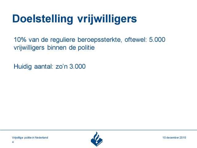 10 december 2015
Vrijwillige politie in Nederland
4
Doelstelling vrijwilligers
10% van de reguliere beroepssterkte, oftewel: 5.000
vrijwilligers binnen de politie
Huidig aantal: zo’n 3.000
